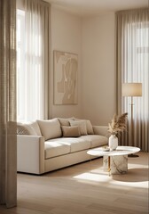 Fototapeta premium Elegant Interior featuring a Stylish Beige Couch and Neutral Accents