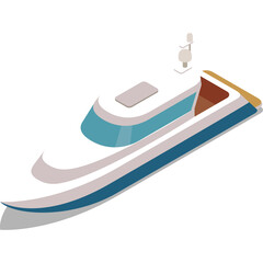 Modern White Luxury Yacht With Blue Accents Sailing on Calm Water With Golden Trim Detail and Antenna Tower in Overhead Perspective