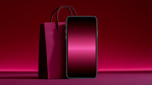 Elegant Black Friday concept with smartphone and shopping bag on burgundy background — luxury digital sale banner for online shopping, retail promotions, and e-commerce advertising during sale