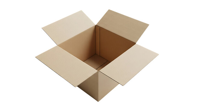 Overhead view of an empty open cardboard box with brown flaps against a solid black background
