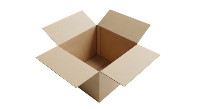 Overhead view of an empty open cardboard box with brown flaps against a solid black background