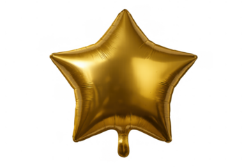 Golden star foil balloon for celebration, isolated on transparent background, symbolizing success and winning