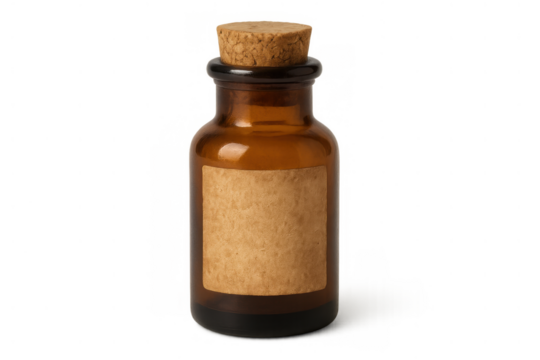 Vintage amber glass bottle with cork stopper and blank label for medicine or potion, isolated on transparent background - Powered by Adobe