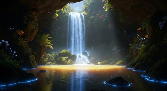 Enchanting waterfall cascade illuminating a lush, magical cave scene