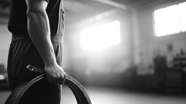 Skilled mechanic confidently holds tire and wrench in a bright, modern workshop ready for automotive repair and service tasks