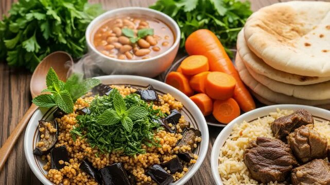 A delicious spread of middle eastern food including couscous with eggplant, rice with meat, beans, and pita bread