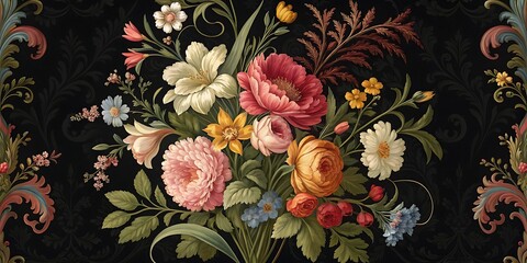 Vintage floral background featuring a beautiful bouquet of pink and red roses in full bloom