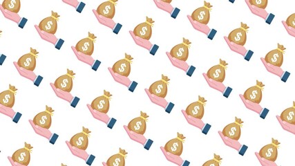 Seamless animated money bag pattern on wheeled carts repeating background.