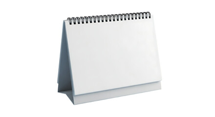 Blank white tabletop calendar with spiral binding on a black background for design and copy space