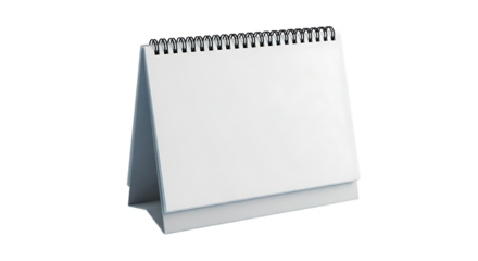 Blank white tabletop calendar with spiral binding on a black background for design and copy space
