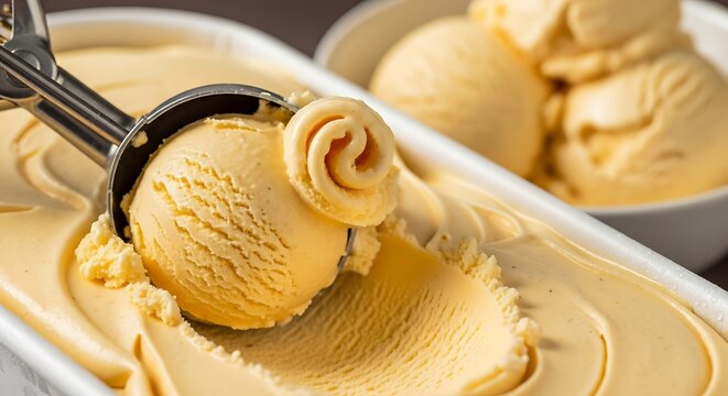 Delicious mango ice cream with beautiful metal scoop, summer delight