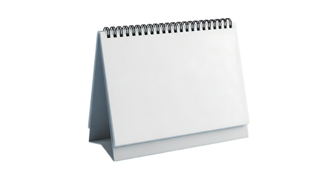 Blank white tabletop calendar with spiral binding on a black background for design and copy space
