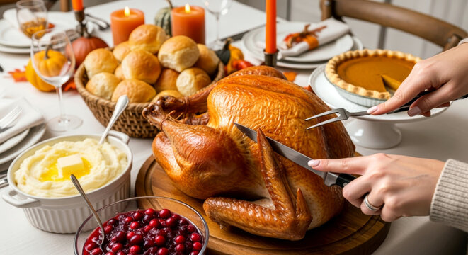 Hands carving a roasted turkey on a festive dining table with pumpkin pie and mashed potatoes for a holiday dinner. - Powered by Adobe