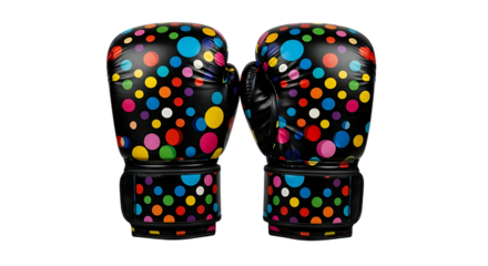Vibrant pair of colorful polka dot boxing gloves displayed against a stark black background