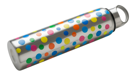 Stylish stainless steel water bottle with a vibrant multi colored polka dot pattern on a black background