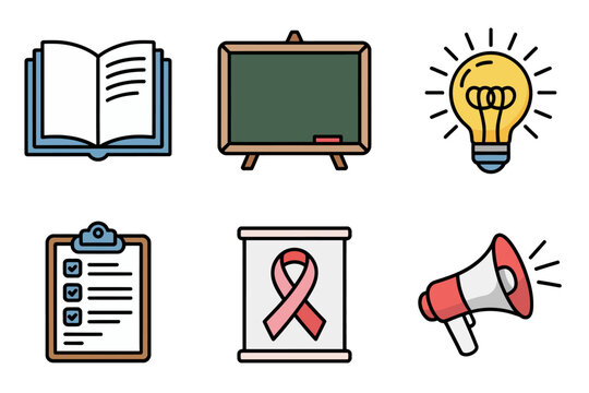 Flat vector icon set for education and awareness, showing open book, clipboard checklist, lecture megaphone, and facts lightbulb idea.