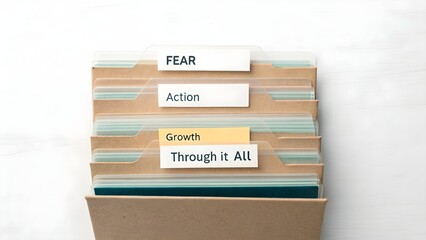 File folders labeled Fear Action Growth and Through it All