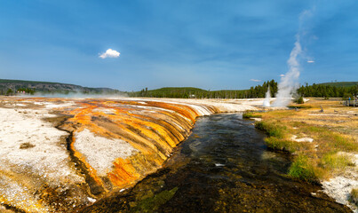 Vibrant orange bacteria mat runoff flows into Iron Spring Creek in Yellowstone National Park's Black Sand Basin. Geysers steam in the background under a blue sky