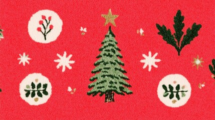 Christmas Vintage Textured Illustration with Tree, Snowflakes, Floral Elements on Red Background, Ideal for Holiday Wallpaper, Poster, Seasonal Decor and Design Inspiration