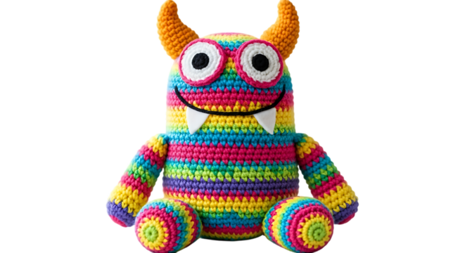 A colorful crocheted monster toy with big eyes and horns sits against a black background
