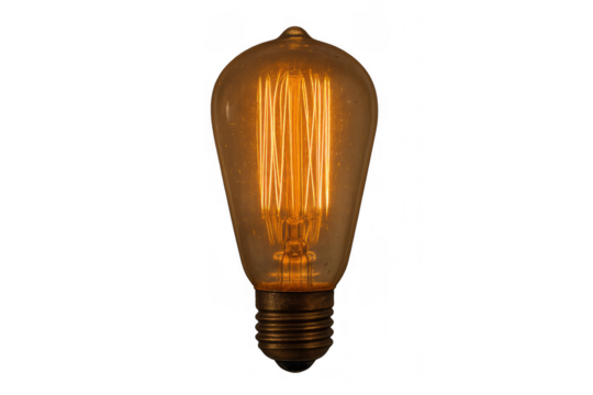 Vintage edison style light bulb illuminating, transparent background generating concepts of idea, creativity, and innovation