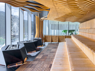 Modern sauna with panoramic windows. Wooden design.