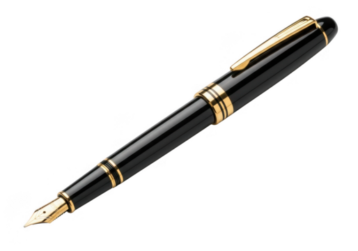Elegant black and gold fountain pen isolated on transparent background