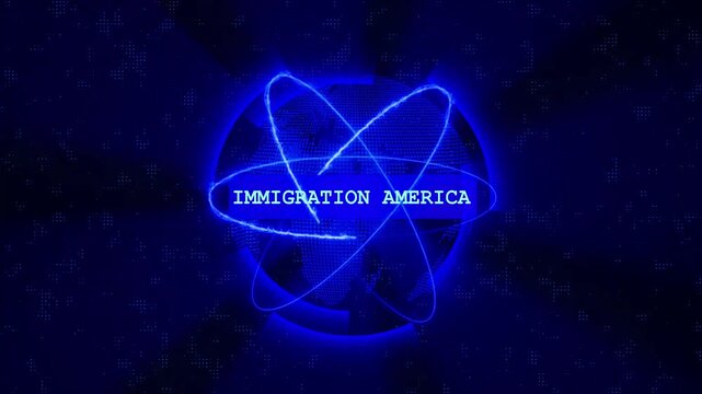 Futuristic Digital Network Sphere Animation – Technology, Business, and Immigration America Concept – Glowing Blue Abstract Globe with Neon Energy Lines. 4k Video Motion Graphic Animation.

