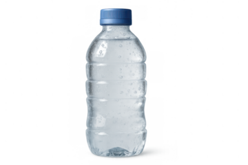 Plastic water bottle with a blue cap and refreshing condensation, providing hydration and a cool drink, transparent background