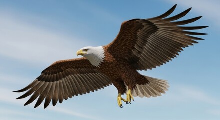 Obraz premium Majestic bald eagle in flight against a bright, partly cloudy sky, wings outstretched