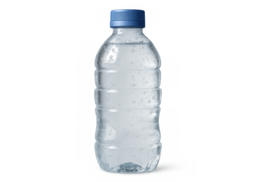 Plastic water bottle with a blue cap and refreshing condensation, providing hydration and a cool drink, transparent background