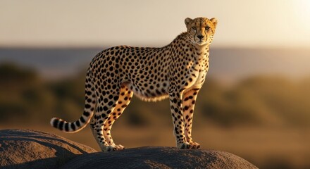 Obraz premium Majestic cheetah stands tall on a rock, bathed in golden sunlight, gazing toward the horizon