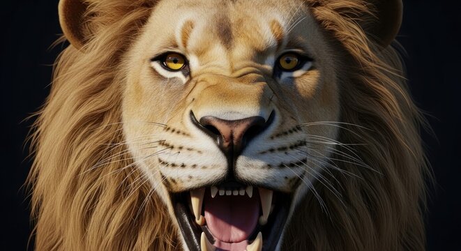 Majestic close-up of a roaring feline with golden mane and intense gaze, against dark