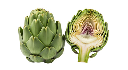 Fresh whole artichoke and one cut in half revealing its intricate layers and edible heart on a black background