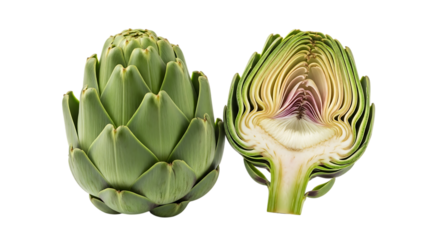 Fresh whole artichoke and one cut in half revealing its intricate layers and edible heart on a black background