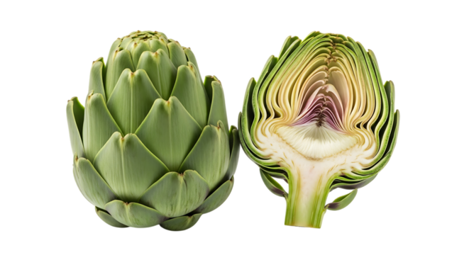 Fresh whole artichoke and one cut in half revealing its intricate layers and edible heart on a black background