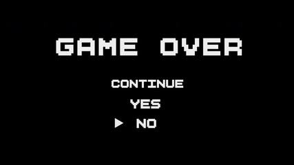 Retro-style pixelated game over screen with classic 8-bit "Continue: Yes/No" prompt, ideal for projects involving gaming nostalgia, arcade themes, or retro user interface design.