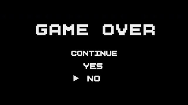 Retro-style pixelated game over screen with classic 8-bit "Continue: Yes/No" prompt, ideal for projects involving gaming nostalgia, arcade themes, or retro user interface design.