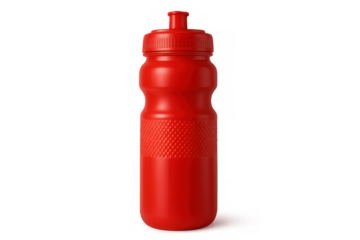 Red plastic reusable sport squeezable water bottle for active lifestyle, daily hydration, fitness, and workout on transparent background