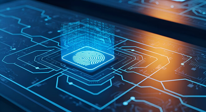 Futuristic Fingerprint Biometric Authentication Technology with Circuit Board Design.