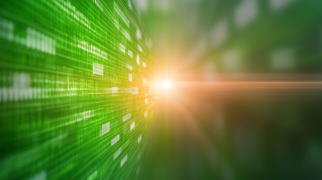 Abstract technology background featuring green digital data streams and light effects, symbolizing innovation and progress. - Powered by Adobe