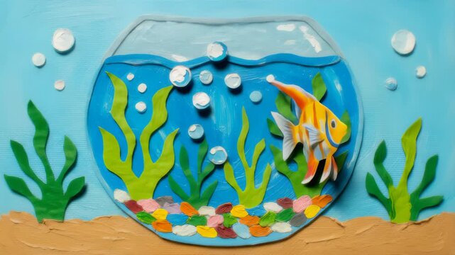 Clay Fish Swimming in Clay Fishbowl With Bubbles Animation Stopmotion