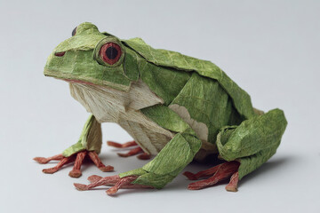 Detailed origami frog model crafted with textured paper, displaying intricate folds and realistic coloring in green and red.