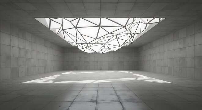 Geometric skylight illuminates modern minimalist concrete interior space