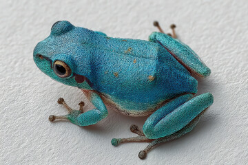 Close-up image of a small blue frog with striking texture and color detail on a smooth white background.