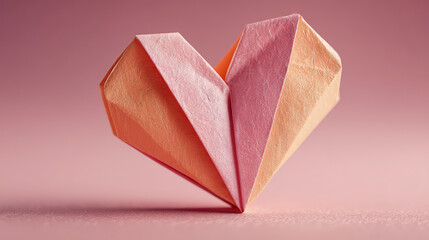 A delicate pink origami heart, artistically folded and placed on a soft pink background, representing love and craftsmanship.