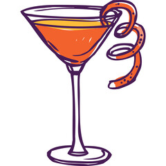 Orange Cocktail Drink in a Martini Glass with a Swirled Orange Peel Garnish and a Transparent Background