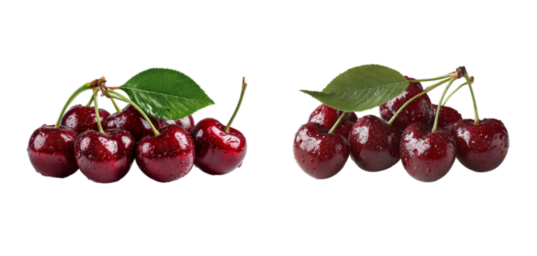 Freshly picked cherries with water droplets and leaves on transparent background