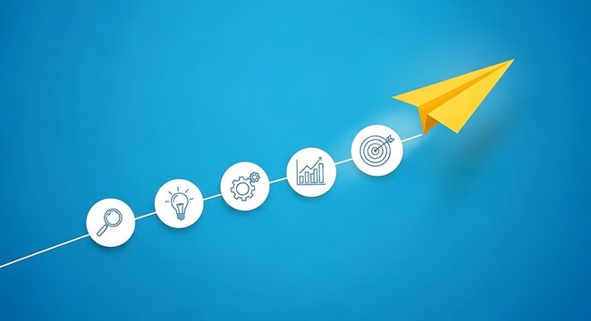 Yellow paper airplane soars above business icons on a blue background