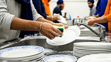 A diverse group of individuals engaged in communal dishwashing, highlighting teamwork and cooperation in shared kitchen spaces.